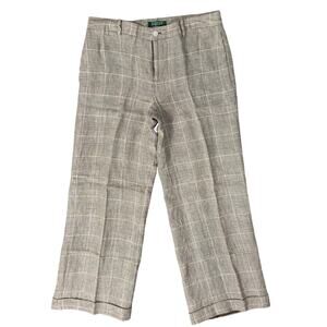 Lauren Ralph Lauren Plaid Brown Cream Linen Mid Rise Cuffed Pants size 10 P